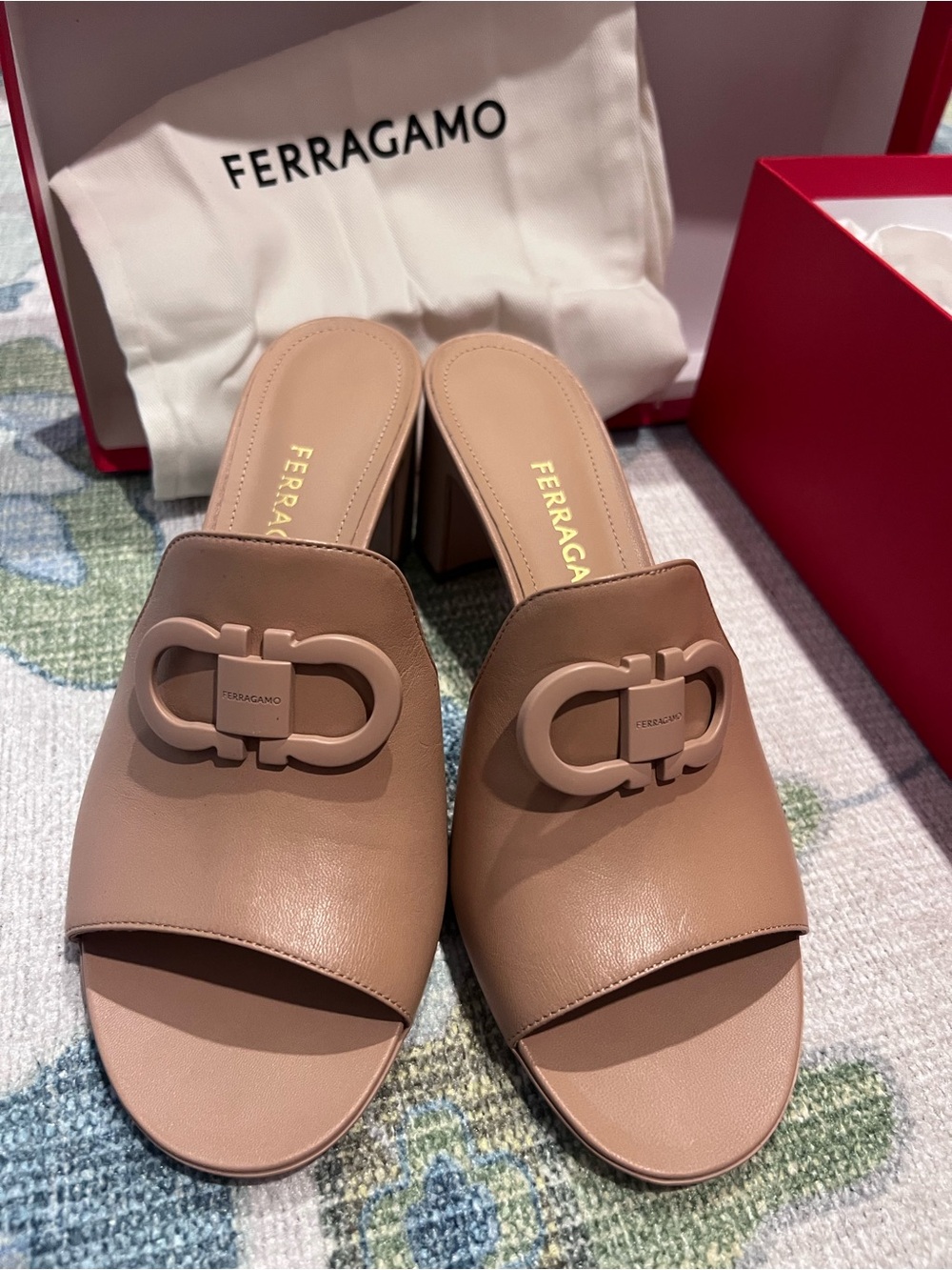 Salvatore Ferragamo Nude Leather Block Heel Mules with Logo Hardware